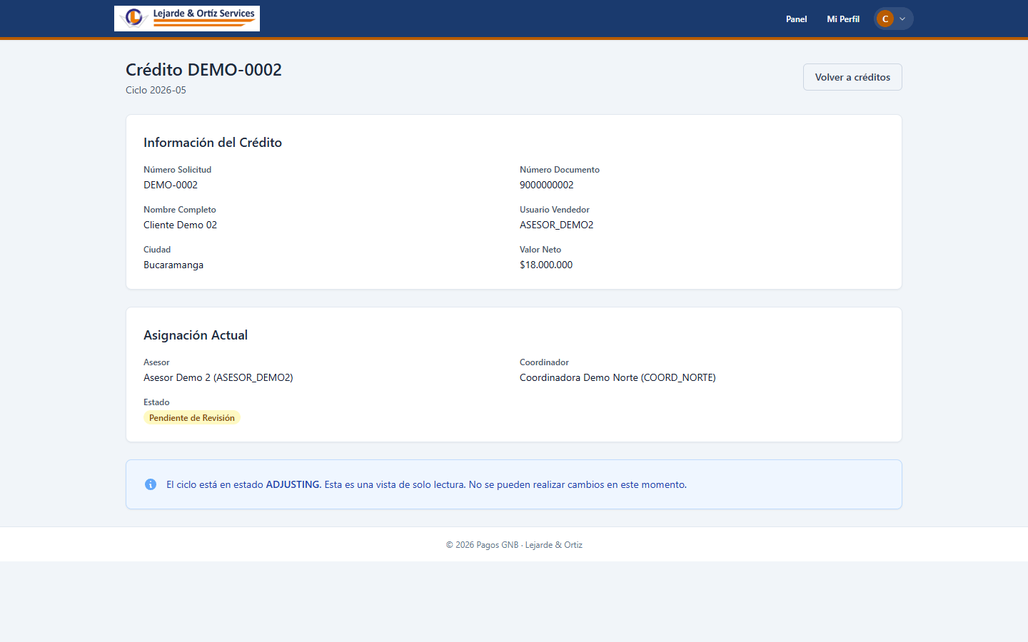 Coordinator portal: a demo loan's details and its current advisor and coordinator assignment, with a “pending review” status.