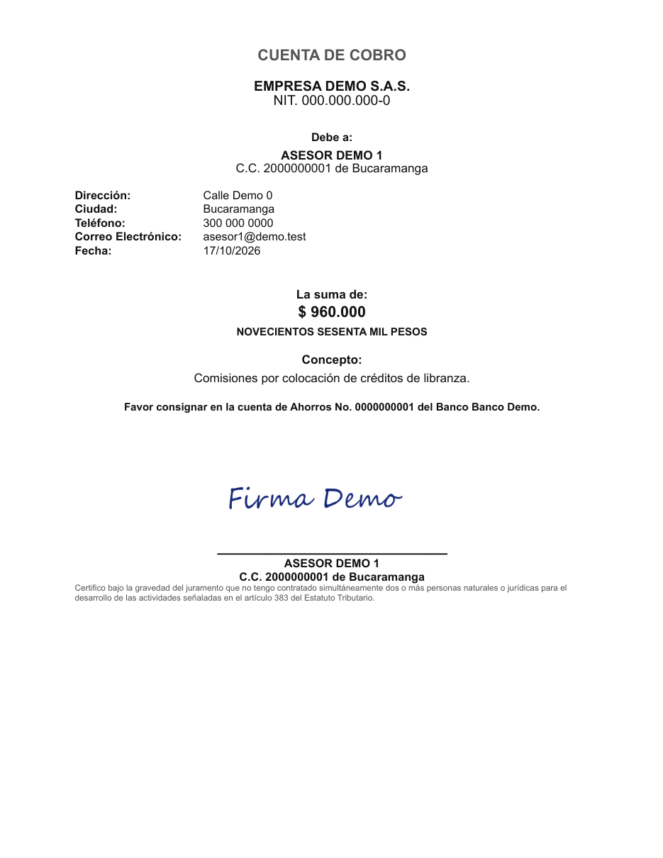 Generated Cuenta de Cobro PDF with demo data: the amount in figures and in words, the bank account, a signature and the tax-statute certification.