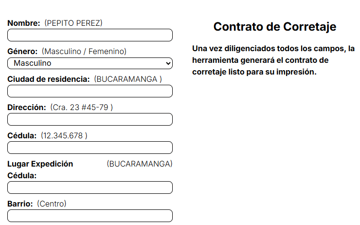 Contract generator form in Spanish with example hints for name, gender, city, address, ID and neighbourhood, next to a note that the brokerage contract is generated ready to print.