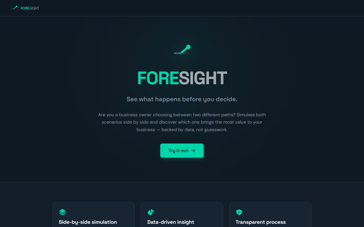 FORESIGHT landing page on a dark background: the logo, the line “See what happens before you decide.” and a “Try it out” button.