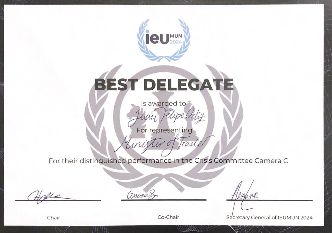Juan Felipe's IEUMUN 2024 Best Delegate certificate, for representing the Minister of Trade.