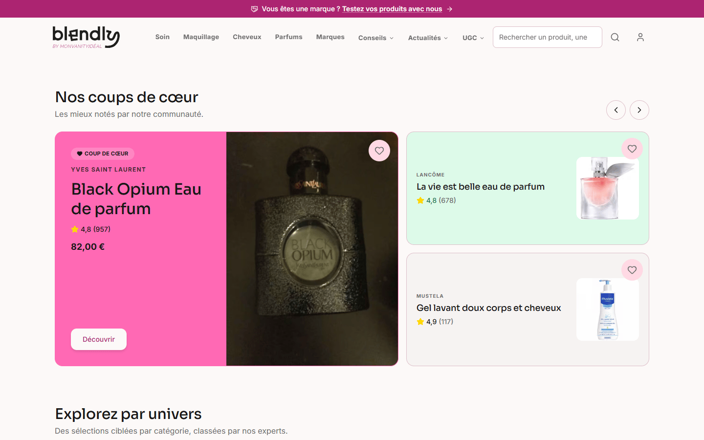 Blendly product section “Nos coups de cœur”: community favourites shown as product cards with star ratings, review counts and a price.