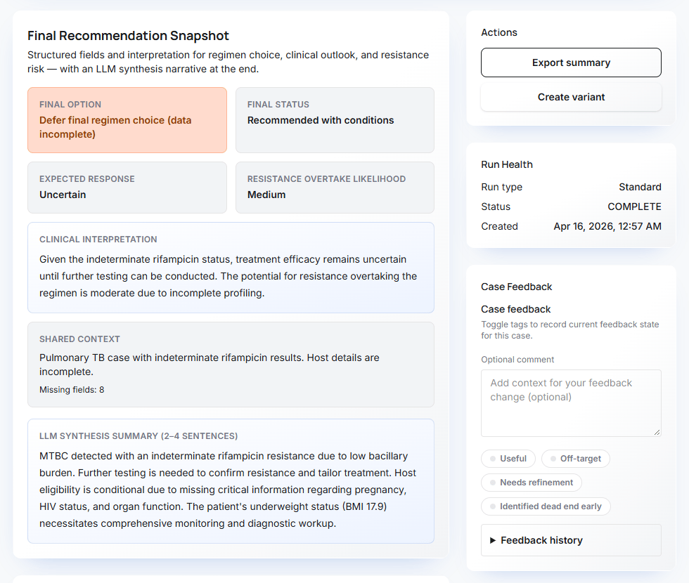 Final recommendation snapshot of a synthetic case: final option, status, expected response, resistance-overtake likelihood, clinical interpretation and the LLM synthesis summary, next to run health and feedback tags.