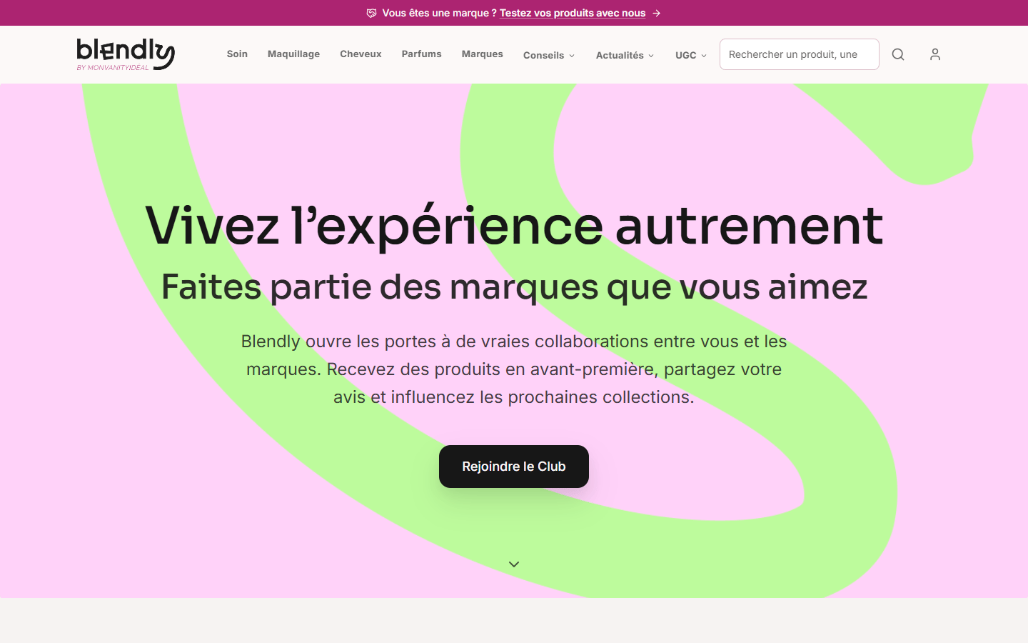 Blendly product-testing club page with a “Rejoindre le Club” (join the club) button on a pink and green background.