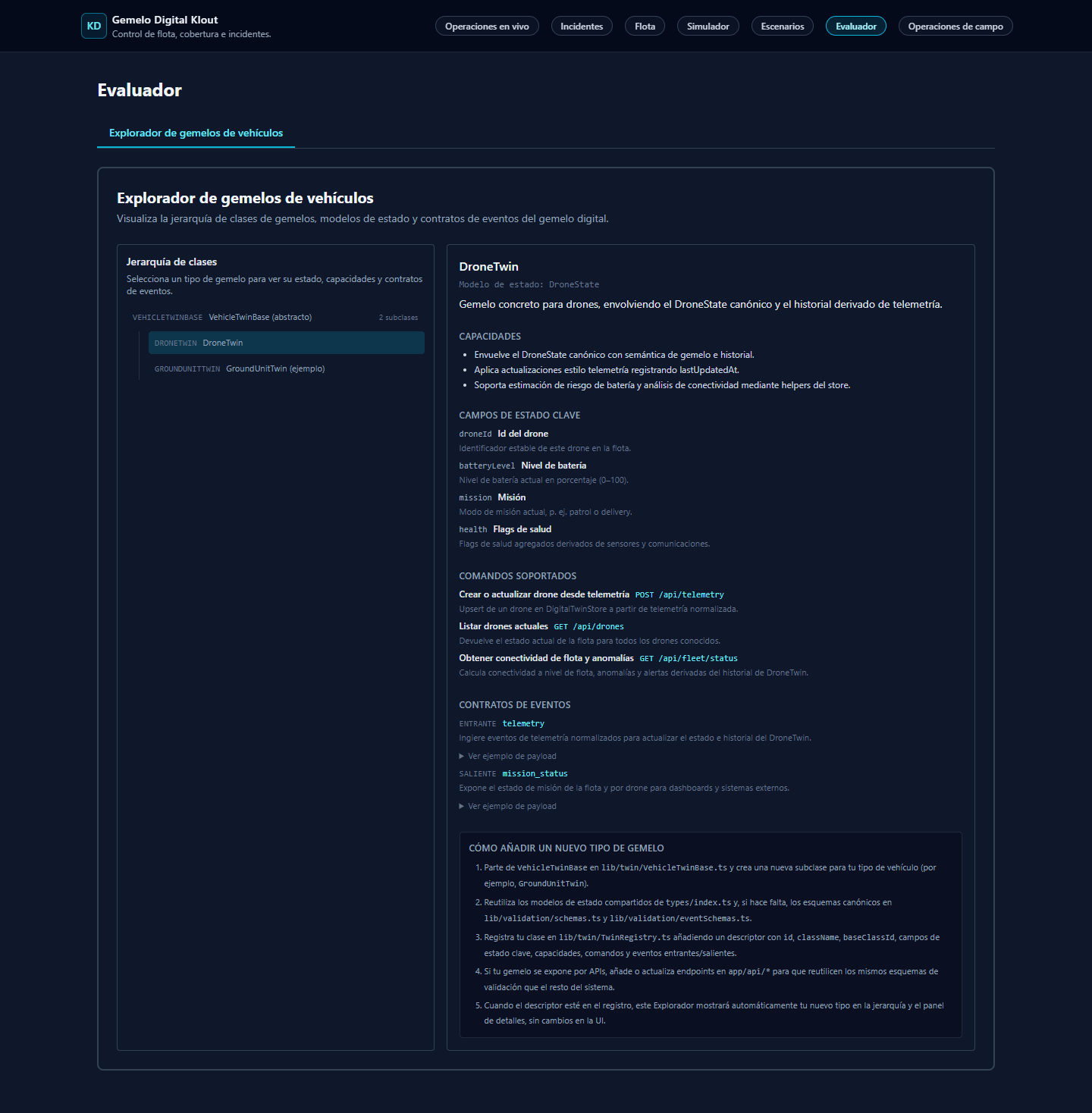 Twin explorer: the vehicle-twin class hierarchy with each twin's state fields, supported commands and inbound and outbound event contracts.